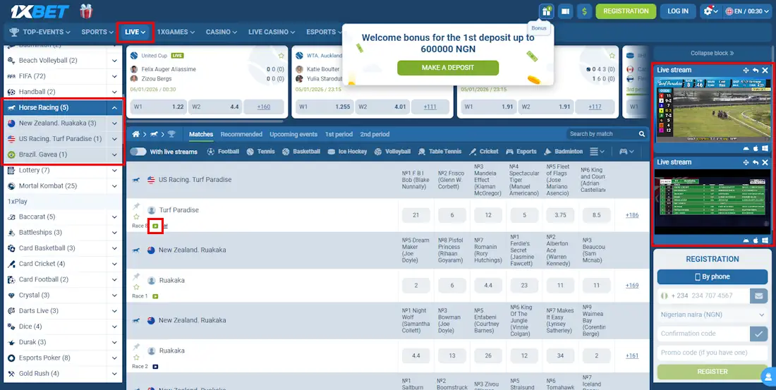 1xBet Horse Racing Betting Screenshot